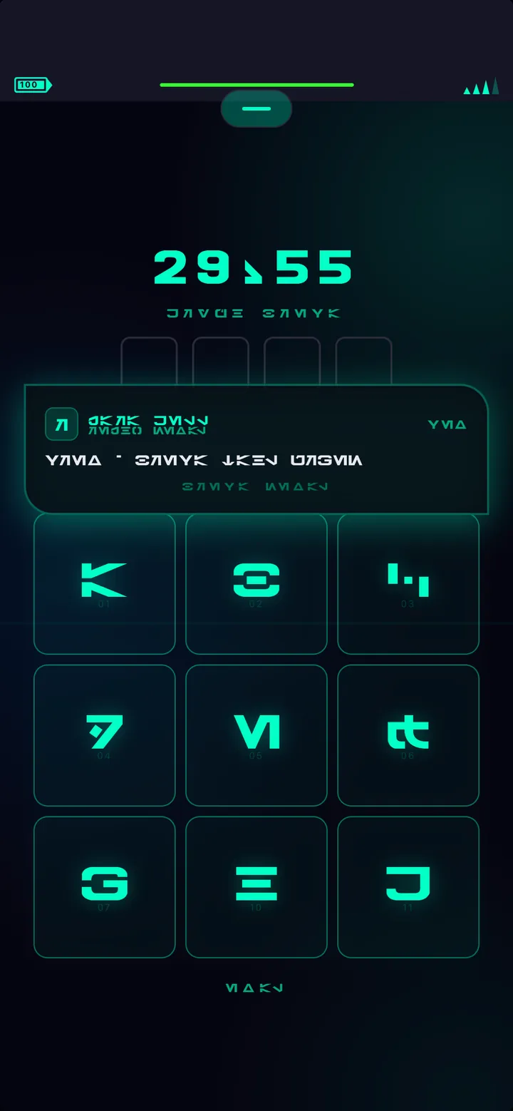 MysteryOS mobile lock screen with alien glyph keypad